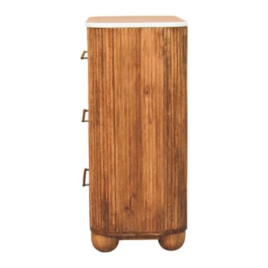 A compact chest of drawers featuring three horizontal storage drawers. The main body and drawer fronts are constructed from wood with a distinctive fluted or reeded texture, giving it a tactile appearance. It is topped with a smooth, light-colored slab, likely marble or a similar stone, which has gently rounded corners. Each drawer is fitted with a slim, horizontal bar pull made of metal. The entire unit stands on four short, rounded bun feet. — 3D model