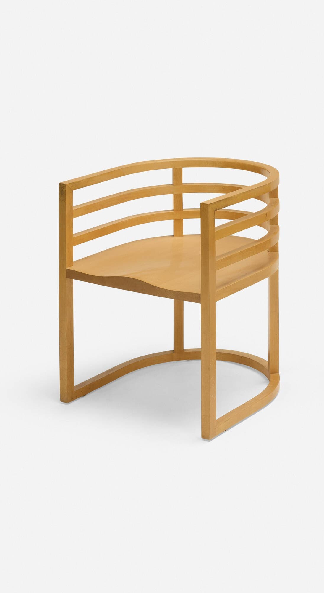 A wooden armchair with a curved backrest composed of horizontal slats and a solid seat. The chair features a distinctive curved base connecting the front and rear legs, creating a sled-like foundation. The overall design is minimalist with clean lines. — 3D model