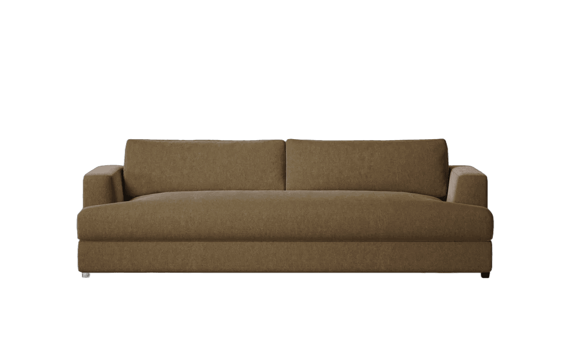A modern, minimalist two-seater sofa upholstered in a brown, textured fabric. It features a low-profile design with wide, straight track arms, two back cushions, and a single, long seat cushion, giving it a clean and uncluttered appearance. The sofa sits close to the ground, contributing to its contemporary aesthetic. — 3D model