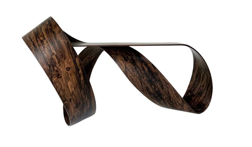 A sculptural console table with a continuous, ribbon-like form, crafted from a dark, heavily-grained wood veneer. — 3D model