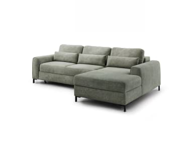 A sectional sofa with a chaise lounge extension. It features upholstered cushions for the seat and back, with additional throw pillows. The sofa is supported by dark, low-profile legs. — 3D model
