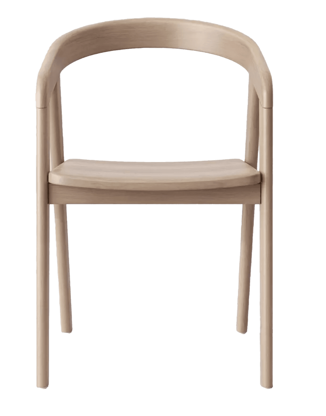 A contemporary, armless chair with a gently curved backrest and a contoured seat. The chair features four tapered legs and a minimalist design. The visible grain suggests it is made of wood. — 3D model