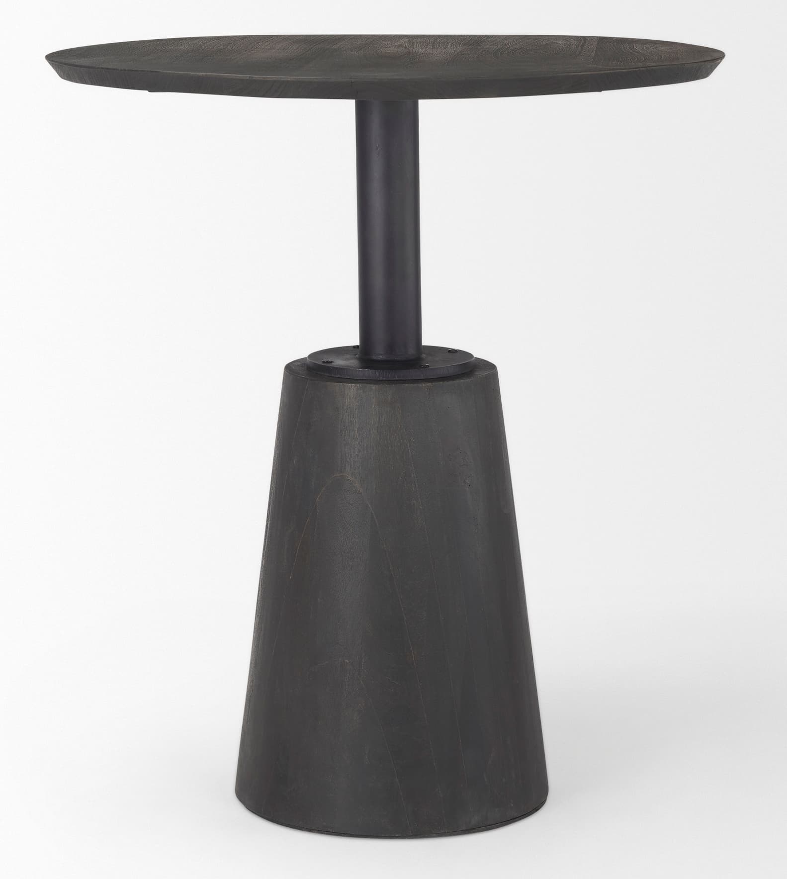 A contemporary pedestal side table featuring a round, dark-stained wood top supported by a slender black metal column, which connects to a wide, conical dark-stained wood base. The visible wood grain adds texture to the dark finish. — 3D model