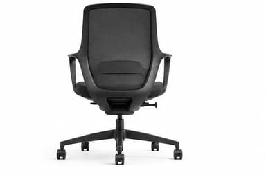 A black modern office chair featuring a high mesh back, a padded fabric seat, integrated armrests, and a five-star caster base. — 3D model