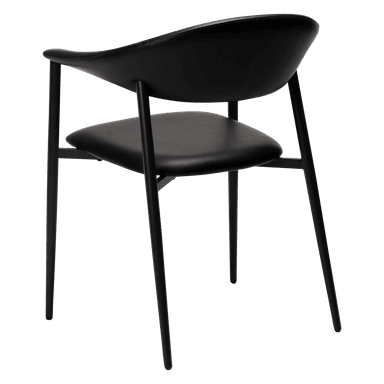 A modern armchair with a curved backrest and seat, upholstered in black material. It features a minimalist design with slim, black metal legs and armrests that blend seamlessly with the frame. — 3D model