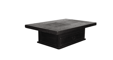 A dark-stained wooden coffee table with a rectangular top constructed from multiple planks arranged in a geometric pattern. The base is a solid, box-like structure. — 3D model