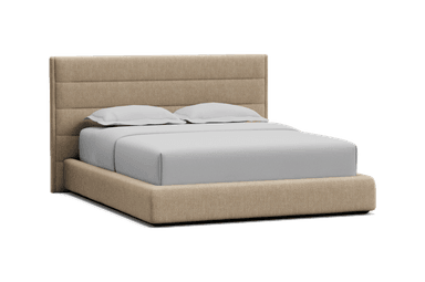 A platform bed with a padded headboard. The headboard features horizontal channel tufting. The bed frame and headboard appear to be upholstered in a light beige or taupe fabric with a subtle texture.  The bed is made with crisp, white linens. The platform base is low to the ground. — 3D model