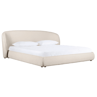 A modern upholstered platform bed featuring a distinctive gently curved headboard that appears to wrap slightly around the sides. The entire frame, including the headboard and low-profile base, is covered in a light, neutral-toned textured fabric. It is presented with a white mattress and two white pillows. — 3D model