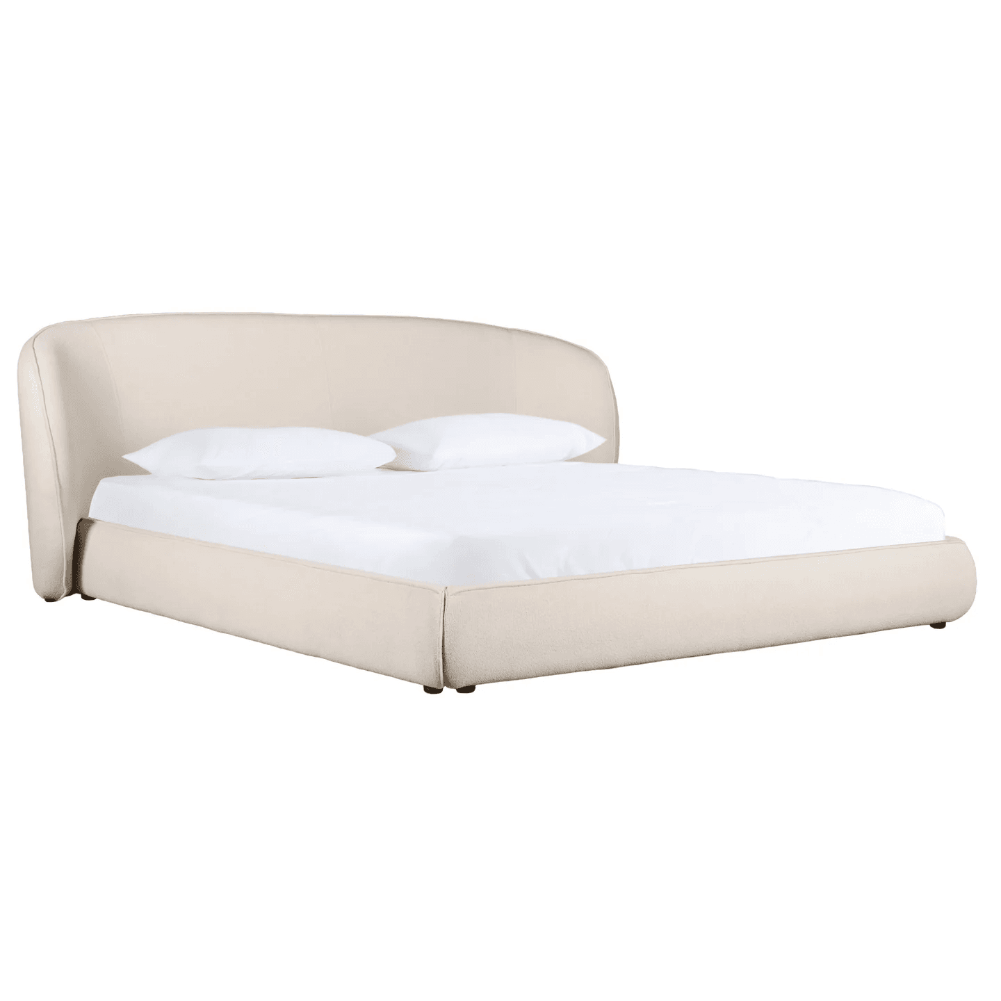 A modern upholstered platform bed featuring a distinctive gently curved headboard that appears to wrap slightly around the sides. The entire frame, including the headboard and low-profile base, is covered in a light, neutral-toned textured fabric. It is presented with a white mattress and two white pillows. — 3D model