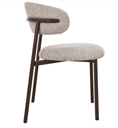 An armless modern dining chair featuring a light gray textured fabric upholstery for both the seat and a distinct, rounded backrest. The seating components are supported by a slender, dark brown metal frame with four straight legs. — 3D model