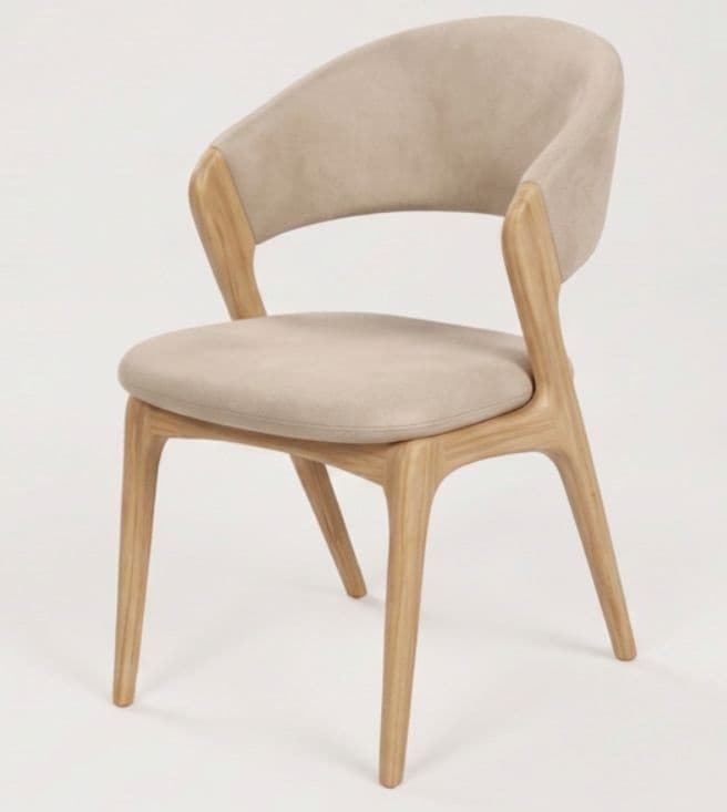 A modern armchair featuring a natural light wood frame and beige fabric upholstery. The chair has a gently curved backrest that integrates into armrests, and tapered splayed legs. — 3D model