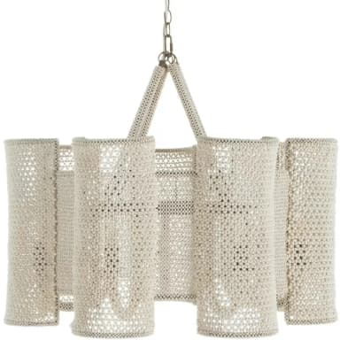 A multi-tiered chandelier featuring numerous small, opaque, off-white beads intricately strung together to form a series of cylindrical shade elements. These elements are arranged around a central structure and suspended by a metal chain. The beaded construction allows light to filter through, creating a soft, diffused glow. — 3D model