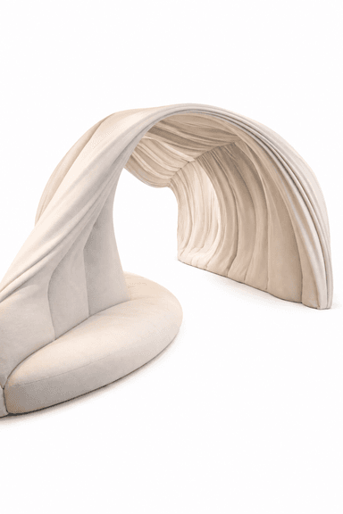 A uniquely designed sofa with a curved, organic form. It features a plush, upholstered surface that transitions into an arched canopy or tunnel-like structure. The fabric is gathered and pleated within the arched section, creating a dramatic visual effect. The base appears to be a continuation of the upholstered form, suggesting a seamless design. — 3D model