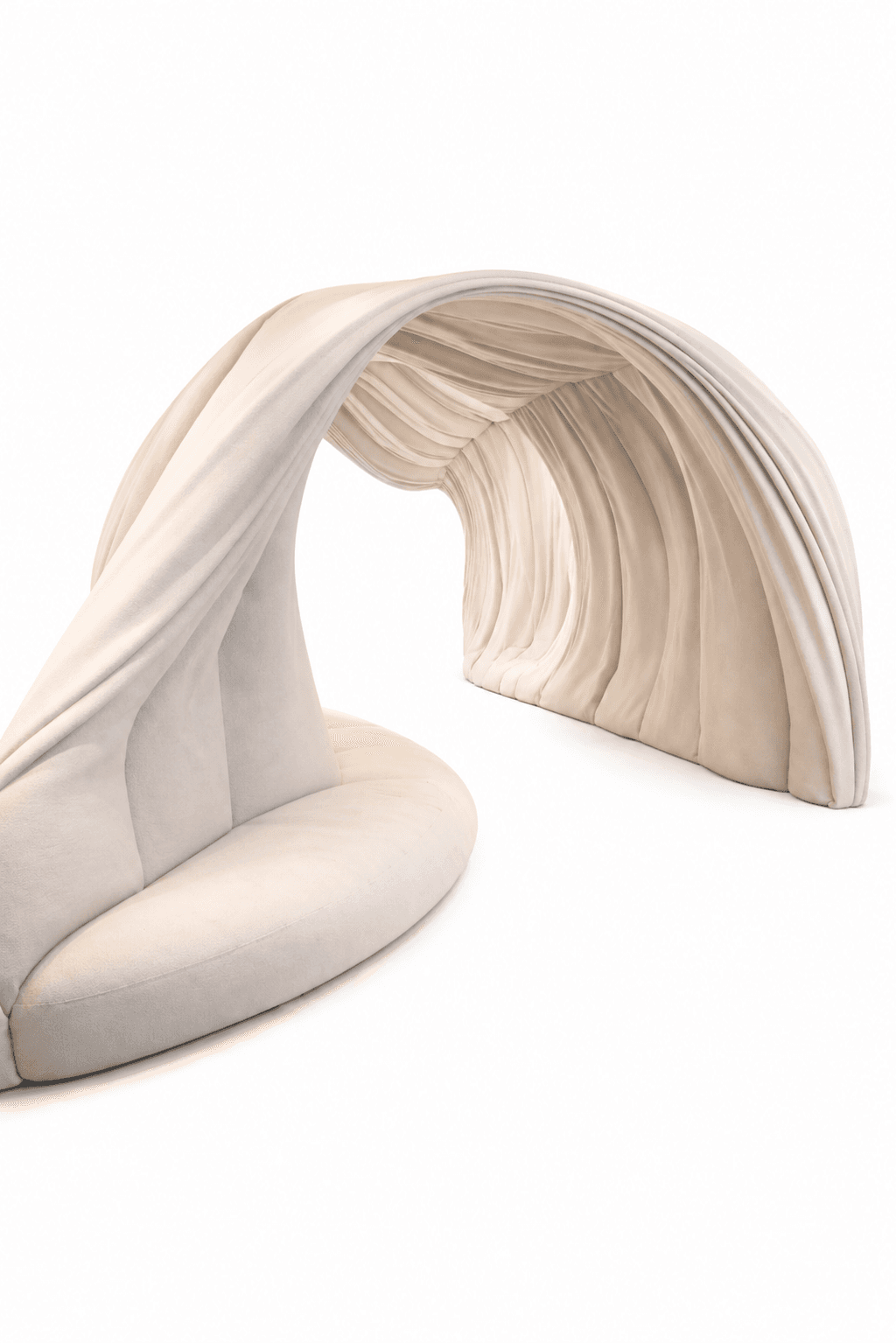A uniquely designed sofa with a flowing, organic shape. It features a low-profile, curved seating area that transitions into a high, draped canopy structure creating a semi-enclosed space. The canopy is characterized by deep, vertical pleats or folds, giving it a dramatic and sculptural appearance. The upholstery appears to be a soft, textured fabric. — 3D model