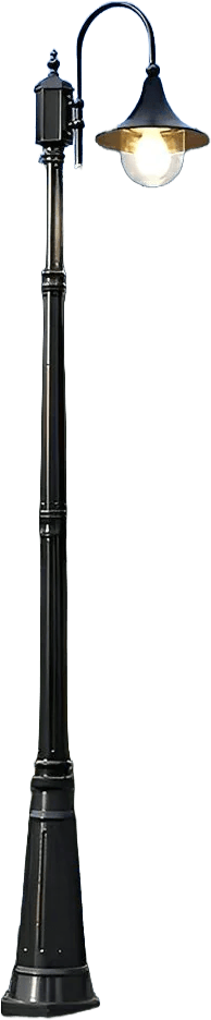 A tall, traditional-style floor lamp with an antique bronze finish. It features a curved neck holding a bell-shaped shade over a clear spherical glass diffuser. The lamp's column is fluted and extends to a wider, decorative fluted base. — 3D model