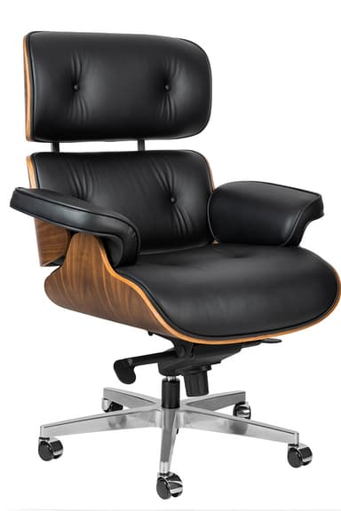 A high-back office chair featuring a tufted black leather seat, backrest, and armrests. The chair has a distinctive curved wooden shell visible on the sides and beneath the seat. It is supported by a five-star base with casters and a central pneumatic lift mechanism, indicating adjustability in height. — 3D model