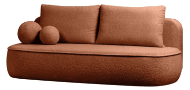 A contemporary loveseat featuring a rounded, organic silhouette, upholstered in a textured, rust-colored boucle fabric. It includes two plush back cushions and two smaller spherical accent pillows, all matching the primary upholstery. The design emphasizes softness and comfort with its generous proportions and subtle piping details. — 3D model