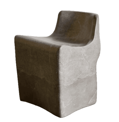 A monolithic accent chair crafted from a single block of natural travertine stone, featuring an organic, sculptural form with a distinctly contoured backrest and seat. The stone exhibits natural porosity and a light beige hue. — 3D model