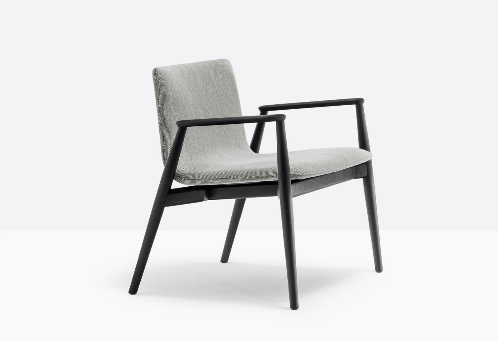 A modern armchair with a minimalist design. The frame is constructed from dark wood, featuring tapered legs and arms. The seat and backrest are upholstered in a light grey textured fabric. — 3D model