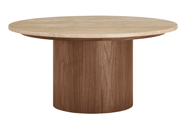A round coffee table with a solid cylindrical base and a slightly beveled top. The base appears to be constructed from wood veneer, displaying a prominent grain pattern. The tabletop is a lighter, possibly stone or wood material, with subtle variations in tone. — 3D model