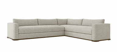 An L-shaped sectional sofa featuring light-colored, textured upholstery and a visible wooden plinth base. The sofa has clean lines, box-style arms, and loose back cushions. It is designed for multi-person seating and has a contemporary aesthetic. — 3D model