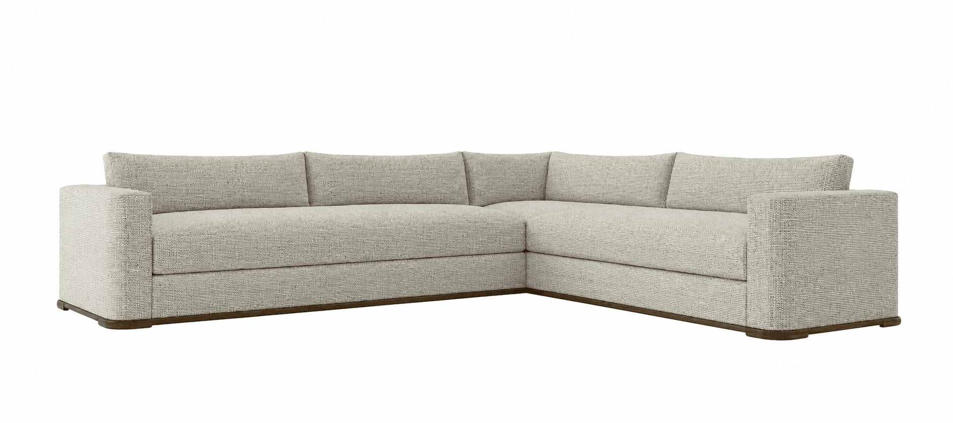An L-shaped sectional sofa featuring light-colored, textured upholstery and a visible wooden plinth base. The sofa has clean lines, box-style arms, and loose back cushions. It is designed for multi-person seating and has a contemporary aesthetic. — 3D model