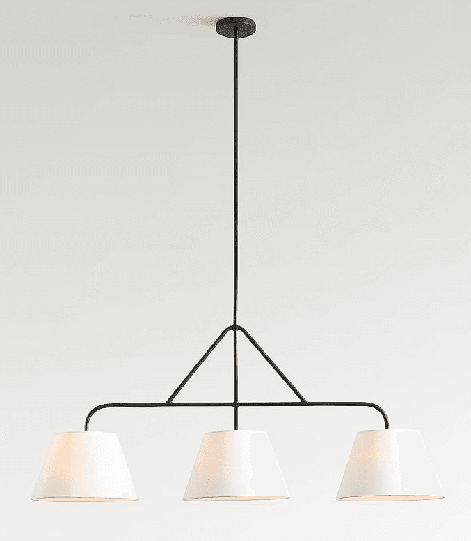 A linear chandelier with three conical white fabric shades, suspended from a single black downrod. The shades are attached to a horizontal bar supported by a triangular black metal frame. The fixture is designed to be mounted from the ceiling. — 3D model