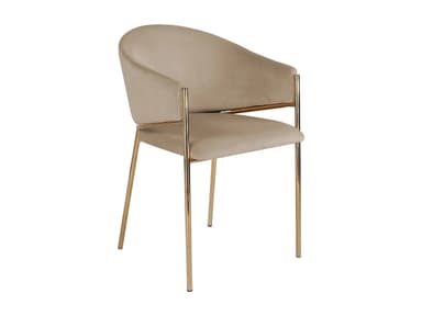 A contemporary accent chair with a curved backrest and seat upholstered in a light beige, possibly velvet or similar soft textile. The chair features a minimalist design with slender, polished brass or gold-toned metal legs and arm supports. The legs are angled outwards for stability. — 3D model