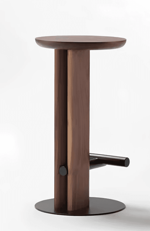 A modern bar stool featuring a dark walnut wood construction for the seat and uprights, contrasted with a matte black metal circular base and an integrated footrest. The design emphasizes clean lines and a minimalist aesthetic. — 3D model