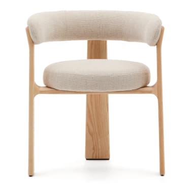 A modern armchair featuring a natural light wood frame and light beige upholstered seat and backrest. The backrest is a continuous, curved, padded form that extends into armrests, providing a minimalist and comfortable design. The seat is a round, upholstered cushion. The sturdy wooden legs are flat and integrated into the overall frame, suggesting a contemporary or Scandinavian aesthetic. — 3D model