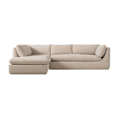 A contemporary L-shaped sectional sofa featuring a right-hand facing chaise lounge, upholstered in a light beige textured fabric. It has plush, deep seat cushions and back cushions, rounded armrests, and a low-profile base. — 3D model
