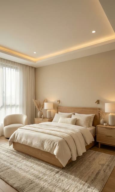 A modern platform bed constructed from light-toned wood, featuring an integrated headboard and a low-profile design. The minimalist aesthetic and clean lines contribute to a serene bedroom environment. — 3D model