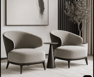A contemporary club chair featuring a rounded, enveloping design with two-tone upholstery. The inner surfaces (seat, inner back, and inner arms) are upholstered in a lighter beige fabric, while the outer shell of the back and arms is in a darker taupe fabric. The chair is supported by a dark brown or black wooden base and four slender, tapered wooden legs. — 3D model
