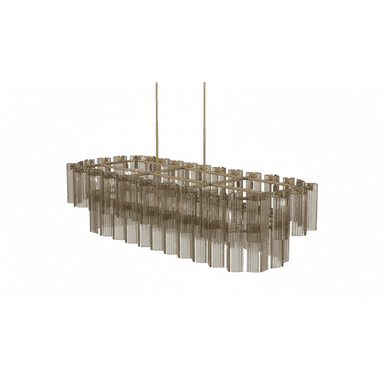 A multi-tiered chandelier featuring numerous vertical, fluted glass rods arranged in concentric circles. The glass elements are suspended from a metallic frame, creating a layered effect. The metallic components appear to be aged brass or a similar warm-toned metal. Several bare incandescent bulbs are visible within the structure, providing illumination. — 3D model