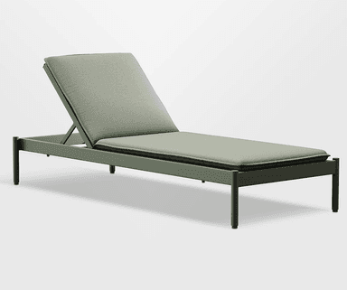 A contemporary chaise lounge with a powder-coated metal frame and a thick upholstered cushion. The chaise features an adjustable backrest, allowing for multiple reclining positions. The frame is a dark olive green, and the cushion is a light sage green fabric with a contrasting dark grey piping along the edge. It is designed for outdoor use, indicated by the material and construction. — 3D model