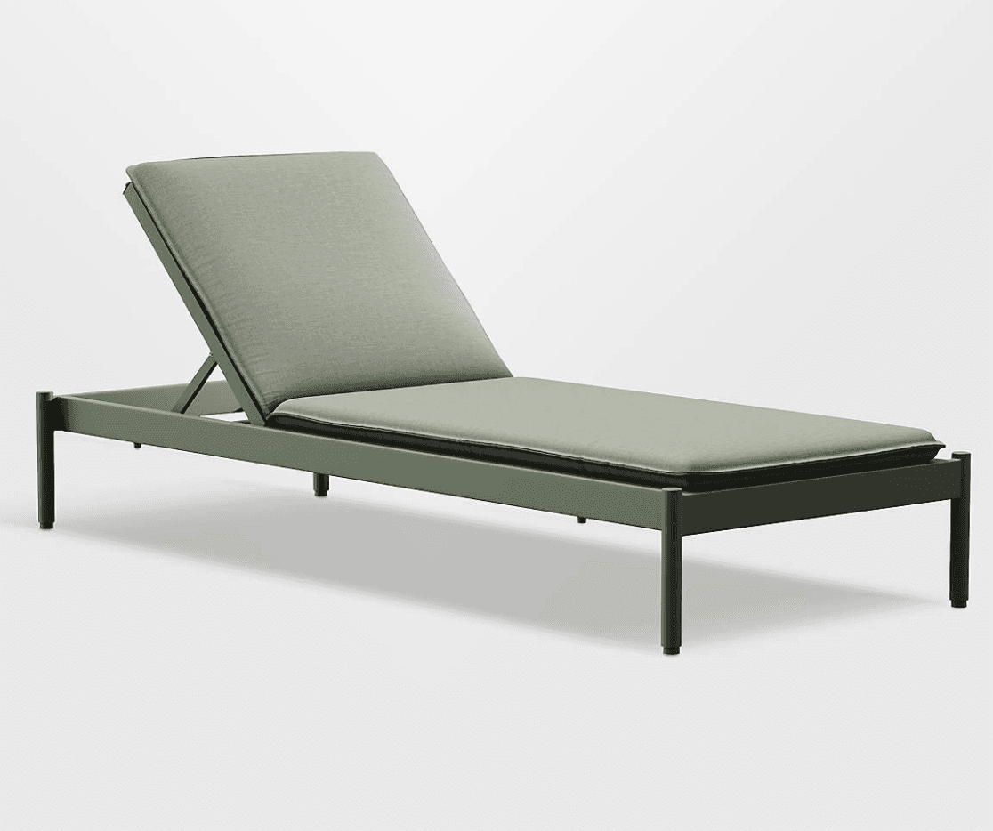 A contemporary chaise lounge with a powder-coated metal frame and a thick upholstered cushion. The chaise features an adjustable backrest, allowing for multiple reclining positions. The frame is a dark olive green, and the cushion is a light sage green fabric with a contrasting dark grey piping along the edge. It is designed for outdoor use, indicated by the material and construction. — 3D model
