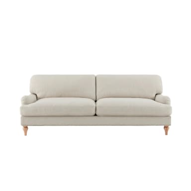 A side profile of a light-colored sofa with a textured fabric upholstery. The sofa features plush back cushions and armrests, and is supported by four turned wooden legs. The stitching detail is visible along the seams of the upholstery. — 3D model