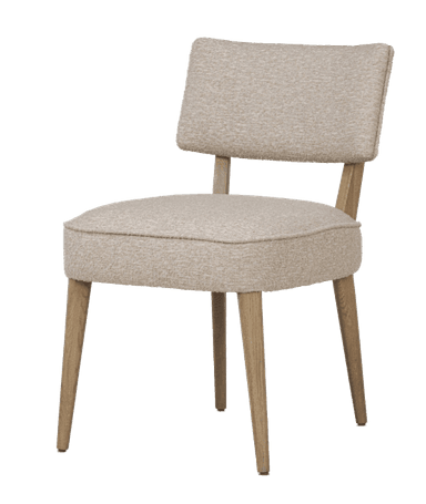 A view of the back of a upholstered armchair. The chair features a curved backrest and a cushioned seat. The legs and armrest accents are made of wood. The upholstery appears to be a textured, light-colored fabric. — 3D model