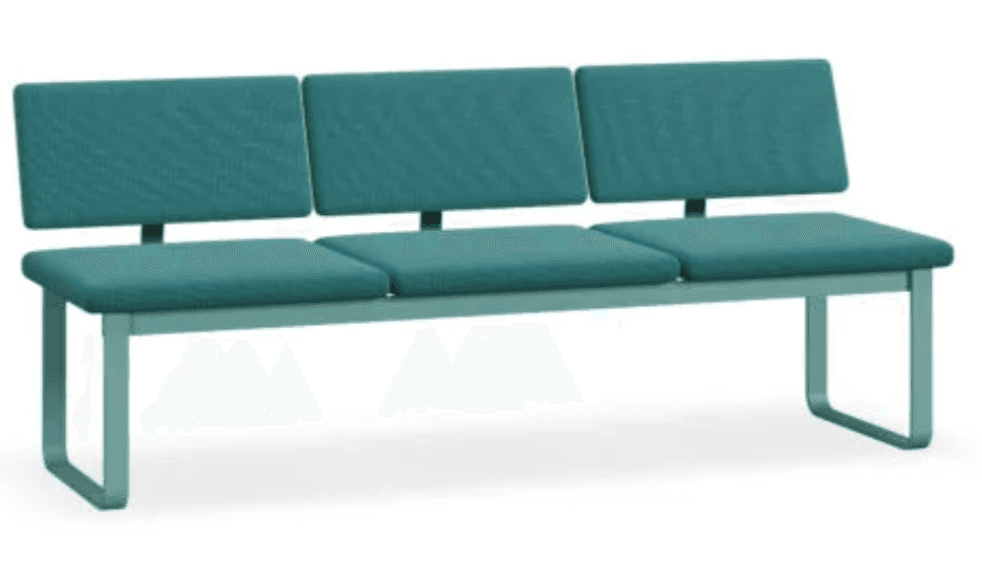 A three-seater bench with upholstered seat and back cushions. The frame appears to be made of metal and has a minimalist design with U-shaped legs. — 3D model