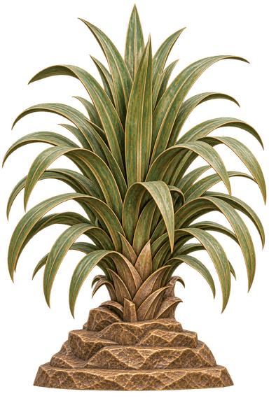 A highly detailed and stylized sculpture depicting an agave-like plant, rendered in what appears to be patinated bronze or a similar metal alloy. The central leaves are arranged in a dense, upright cluster, fanning outwards and downwards, colored with a green verdigris effect that highlights their veins. The lower part transitions into a golden-bronze base with a distinct stepped, textured design, suggesting a carved or hammered finish. The overall form is highly symmetrical and decorative, reminiscent of Art Deco or tropical botanical motifs. — 3D model