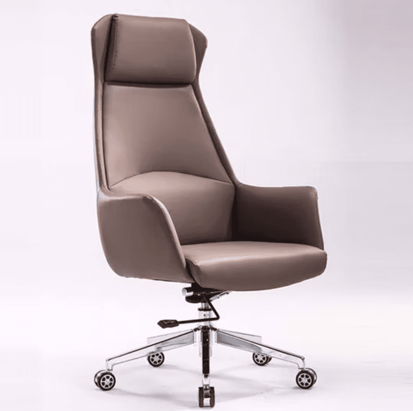 A modern high-back executive office chair upholstered in a smooth, light brown or taupe material, likely leather or faux leather. It features a five-star polished chrome base with dual-wheel casters, integrated armrests, and a prominent headrest cushion, suggesting ergonomic design for office use. — 3D model