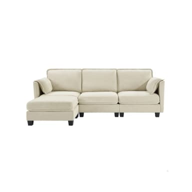 A contemporary modular sectional sofa in a light beige or off-white fabric, configured as a three-seater with an integrated left-hand chaise lounge. It features plush back and seat cushions, wide sloped armrests, and rests on short, dark square legs. — 3D model