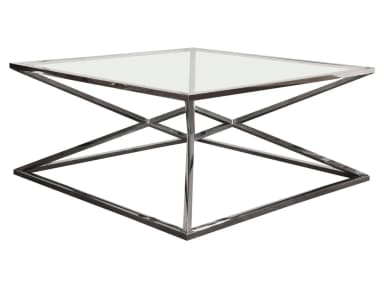 A contemporary square coffee table featuring a clear glass top supported by a sculptural dark gray metal base with an intricate geometric design. — 3D model