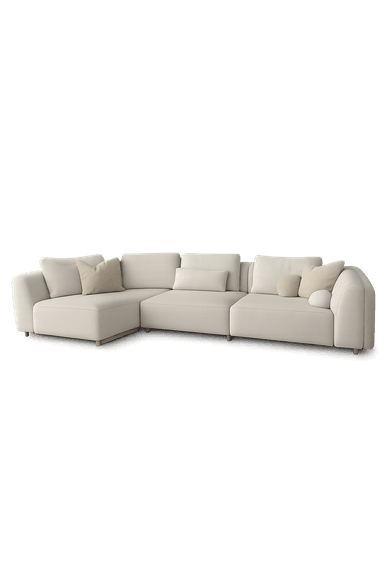 A modern, modular L-shaped sectional sofa upholstered in a light, neutral-toned fabric. It features a minimalist design with soft, rounded edges, low-profile wooden feet, and includes several loose throw pillows for added comfort and style. The sofa is composed of multiple configurable sections. — 3D model
