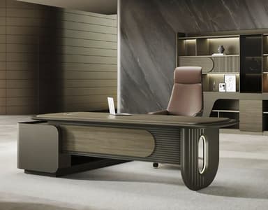 A modern executive desk with a sleek, elongated elliptical tabletop. The desk features a substantial base with integrated storage elements. One side has a rounded, metallic accent, while the other incorporates fluted detailing and an oval illuminated accent. The surface appears to be a wood-grain laminate, complemented by matte grey and metallic finishes. — 3D model