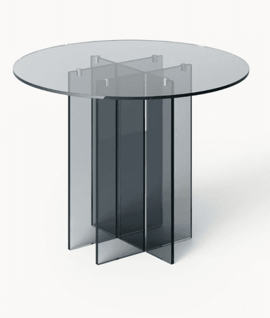 A modern side table with a circular glass top and a geometric pedestal base. The base is constructed from intersecting vertical panels of tinted glass, creating a multi-faceted column. The top is transparent and slightly smoked, supported by a cross-shaped structure within the base. — 3D model