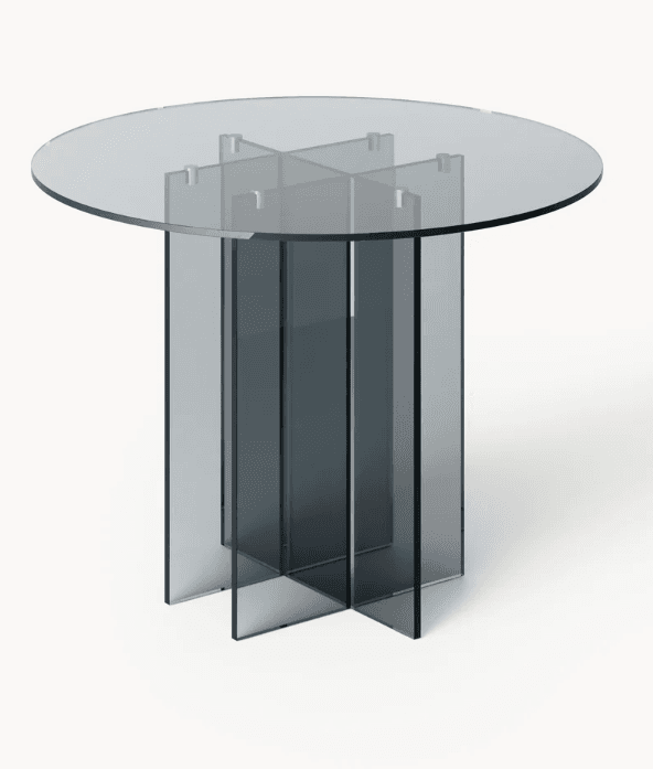 A modern side table with a circular glass top and a geometric pedestal base. The base is constructed from intersecting vertical panels of tinted glass, creating a multi-faceted column. The top is transparent and slightly smoked, supported by a cross-shaped structure within the base. — 3D model