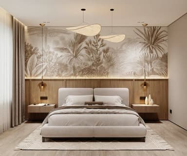 A modern upholstered platform bed featuring a low profile and a subtly curved headboard, presented with neutral-toned bedding on a white background. — 3D model