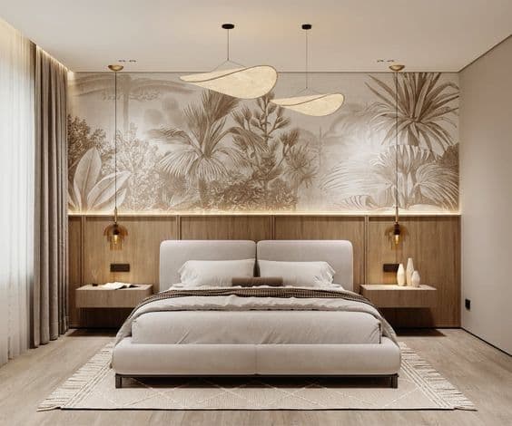 A modern upholstered platform bed featuring a low profile and a subtly curved headboard, presented with neutral-toned bedding on a white background. — 3D model