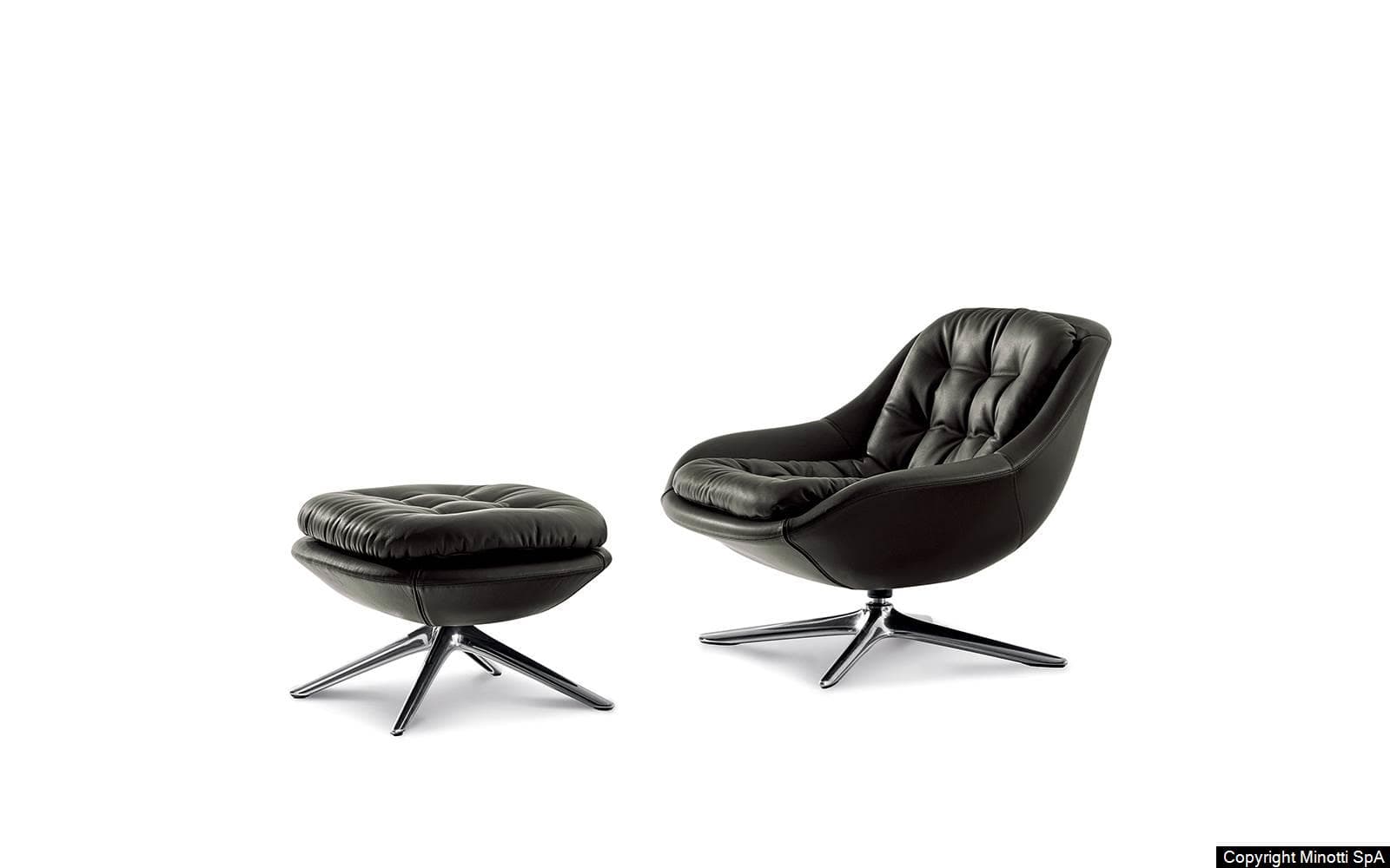 A contemporary dark brown leather lounge chair with deep tufting and a polished metal four-star swivel base, accompanied by a matching tufted ottoman on a similar four-star base. Both pieces feature a sleek, ergonomic design. — 3D model